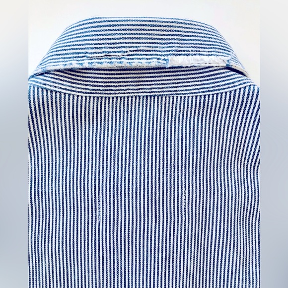 Distressed VTG embroidered patchs railroad ticking shirt XL Natural inst… - Picture 12 of 16